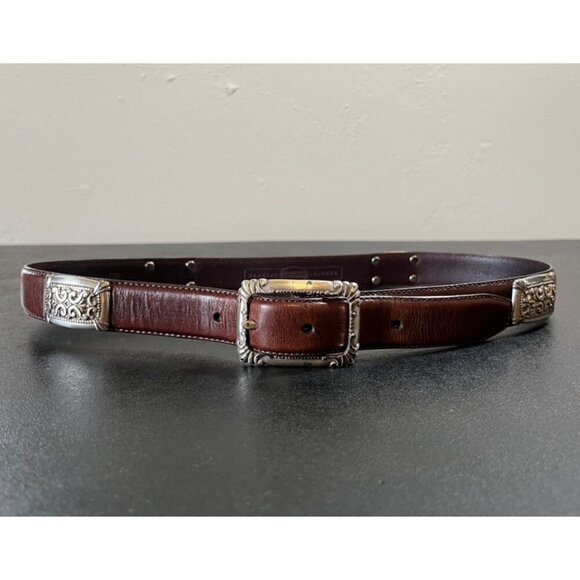 Fossil Brown Leather Belt Western Silver Tone Buckle & Conchos Womens Medium - Picture 1 of 7